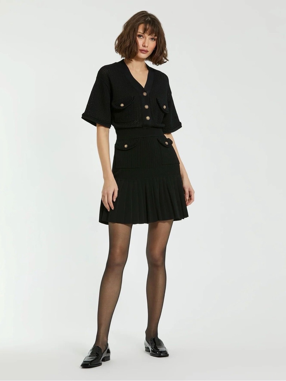 Mac Duggal Black Short-Sleeve Knit Mini Dress with Buttoned Pockets